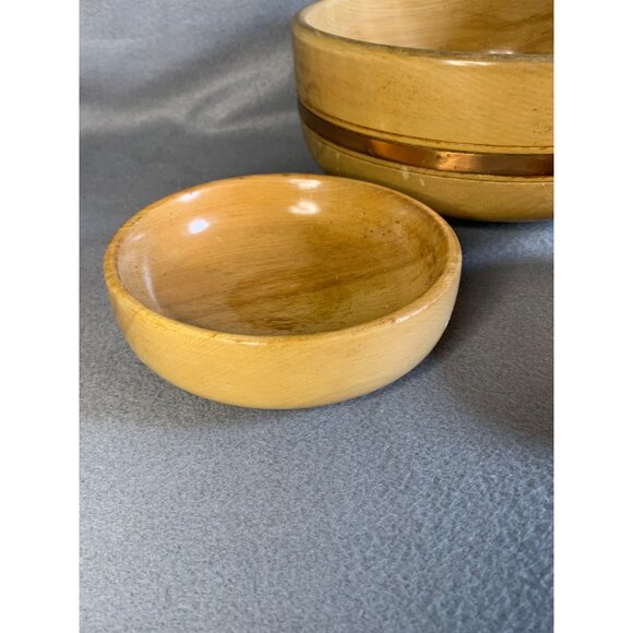 Vintage Wooden Salad Bowl Set with Copper Trim 4 Piece Mid Century Modern Footed - Picture 3 of 13